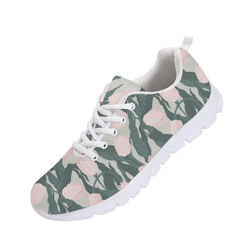 Pastel Pink Tulip Flowers On Light Green Background Sketch Pattern Running Shoes Sport Sneakers